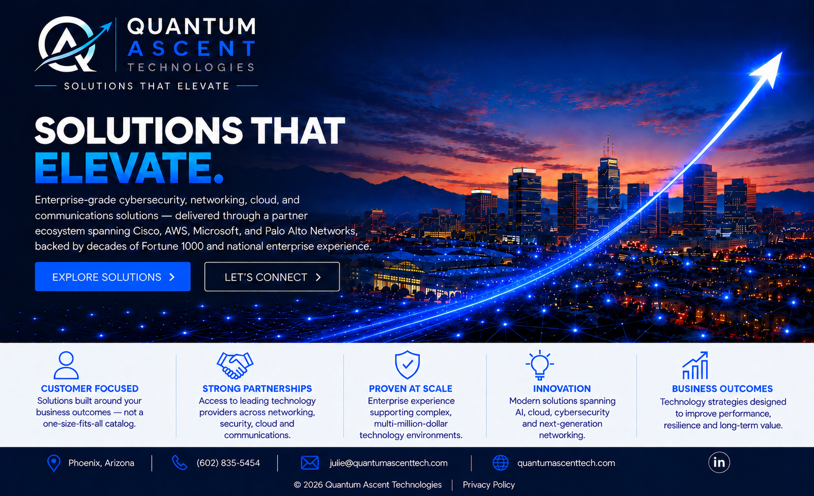 Quantum Ascent Technologies homepage featuring enterprise cybersecurity, networking, cloud, and communications solutions.