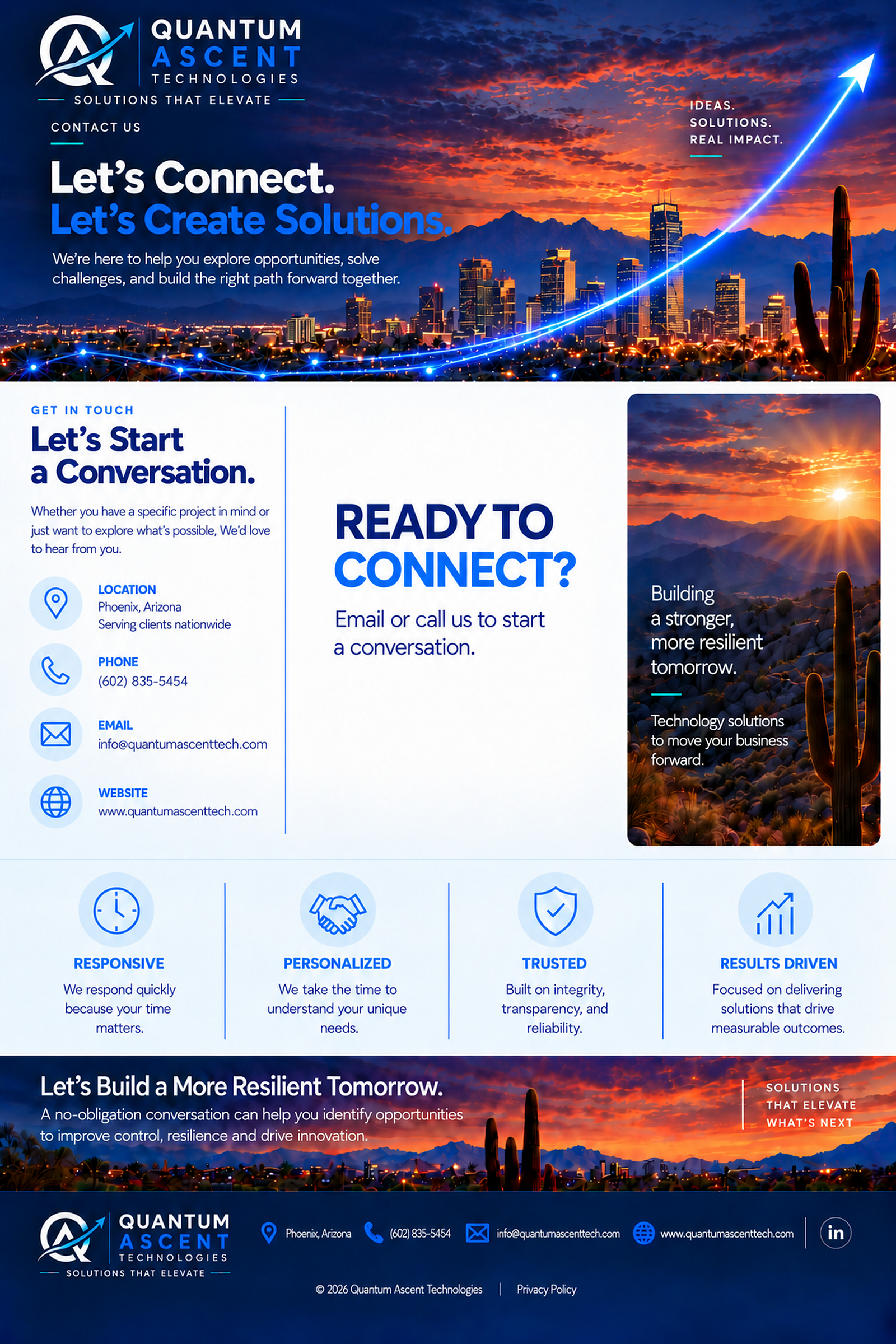 Quantum Ascent Technologies contact page featuring a Phoenix skyline, connected technology network and ascending arrow, with contact information and service commitments.